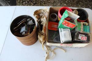 lot 8 image: mixed lot door hinges, screws, nails, and more see pictures