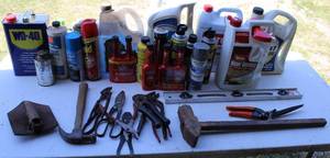 lot 34 image: Lot of tools and some unopened and opened things see pictures  sledgehammer, Hammer, foldable shovel, and much more