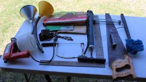 lot 39 image: Paint sprayer, funnels, pump, hand saw, and more see pic