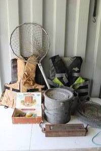lot 171 image: Fishing lot 2 life jackets minnow bucket minnow basket net and more see pictures
