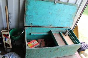 lot 196 image: Chest with all things in the bottom and the small raccoon  has the 2 drawers that set on top one not in picture but comes with it last picture has the 2nt shelf in it but tools in last picture not included in this lot they are in the lot before this one