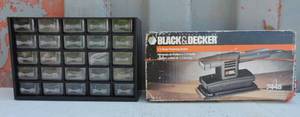 lot 132 image: Black & Decker finishing sander and a small shelf full of miscellaneous nails washers screws bolts