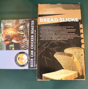 lot 213 image: beer can chicken roster and a bread cutting board