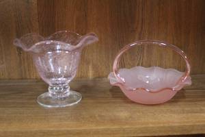 lot 231 image: pink glass basket and a light pink vase both with ruffled edges