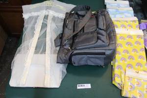 lot 243 image: diaper bag, diaper holder and receiving blankets