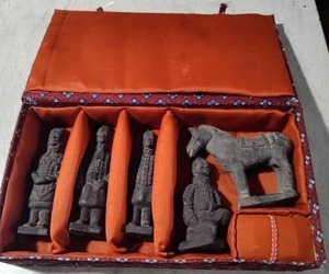 lot 240 image: Vintage Chinese Set of Stone Pottery Figurines Original Padded Box Made In China
