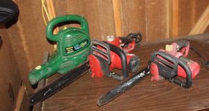 lot 136 image: Two Electric Chain Saws, and Weed eater Motor Only