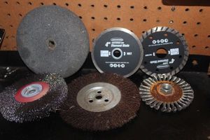 lot 273 image: Grinder Stone Wheel and Wire wheel, also 4 Diamond Cutting Discs