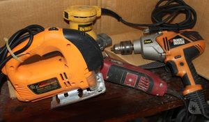 lot 218 image: Chicago Electric Orbitl Jigsaw, Dewalt Orbit Palm Sander, Black and Decker 12 Drill and Chicago Electric Orbital Reciprocating Saw