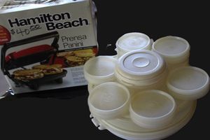 lot 377 image: Eight Hamburger Patty Keepers, and Hamilton Beach Panini Maker