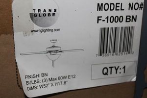 lot 101 image: Trans Globe 3 Bulb Ceiling Fan in Box, Brown 52Wx17.8H