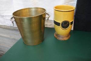lot 7 image: vase with a rooster on it and a metal bucket