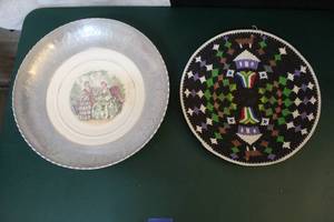 lot 14 image: Seed Bead plate and a decorative plate with metal rim