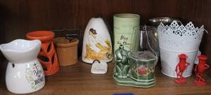 lot 47 image: mixed lot oil warmers, porcelain bell, metal basket and more