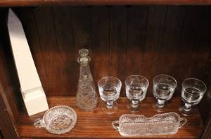 lot 63 image: mixed glass lot rose designed decanter 4 glasses candy dish and more see pics