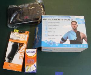lot 65 image: shoulder gel ice pack, Knee sleeve, vapor roll on exp 62025 and back brace