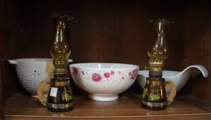 lot 80 image: Too small lanterns about 7 inches tall and white jade porcelain microwave safe bowl and more see pictures