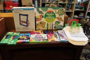 lot 95 image: Kids craft a lot blow up whiteboard jumbo animal coloring pad unopened markers coloring bags scissors and more see pictures