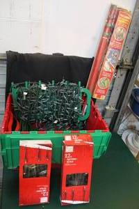lot 164 image: Tote with Christmas lights extension cord pulled a hang lights Christmas light clips and more see pictures