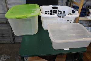 lot 167 image: Two totes with lids and laundry basket