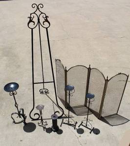 lot 274 image: metal easel fireplace screen and mixed candle holders