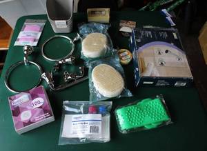 lot 282 image: bathroom lot hair catcher shower drain  B&K shower two acrylic handles with showerhead  and more see pic.