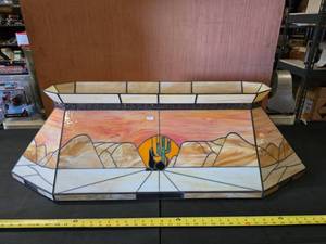lot 3 image: NEW OLD STOCK  Beautiful Matuza Desert Sunset Scene w Coyote Stained Glass 3-Light Billiards Table Light.  SEE DESCRIPTION FOR MORE INFORTMATION