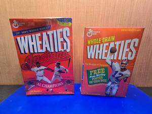 lot 19 image: 2 Boxes of Sealed Wheaties.  A.L. Champs Cleveland Indians & Jim Kelly