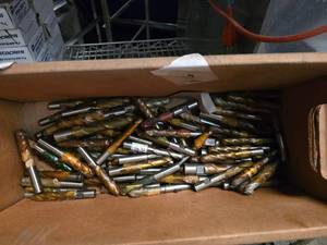 lot 164 image: Large Lot of 60 Drill Bits & End Mill Bits Still w Protective Coating On Them.