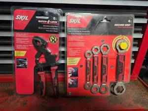 lot 192 image: NEW Skil Ratch-N-Lock Locking Pliers & Skil 4-Piece Self-Tightening Box Wrench Set