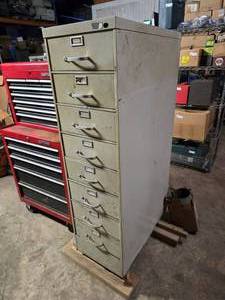lot 203 image: Large 8-Drawer Cabinet FULL of Bolts.  Forklift loading is available.