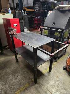 lot 205 image: Heavy Duty Rolling Welding Table w Craftsman 5 12 Vise & Extension.  Table Measures 42 x 24 x 38.  38 Steel.