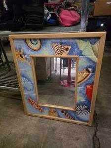 lot 272 image: Hand Painted 23 x 27 Tile Wall Mirror, Beach Themed