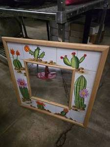 lot 276 image: Hand Painted 23 x 23 Tile Wall Mirror, Cactus Themed