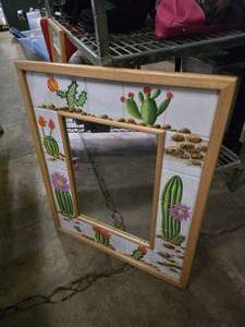 lot 274 image: Hand Painted 23 x 27 Tile Wall Mirror, Cactus Themed