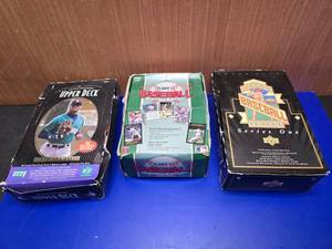 lot 362 image: 3 Boxes of Baseball Cards.  Includes 1996 Upper Deck, 1992 Fleer & 1993 Upper Deck (PLEASE NOTE THAT ALOT IF THE CARDS IN THE BOXES ARE STUCK TOGETHER)