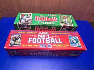 lot 367 image: Box of 1991 Topps NFL Cards & 1990 Score NFL Cards.  IOen Boxes.  Unknown if complete.
