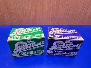 lot 416 image: 1988 Topps Traded Series & 1991 Topps Traded Series Boxes.  Unknown if complete.