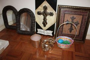 lot 170 image: Home dcor cross wall art, wicker framed mirrors, glass bunny and more