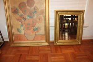 lot 108 image: Wall art Van Goghs Sunflowers print and HEAVY wall mirror (maybe plaster frame)