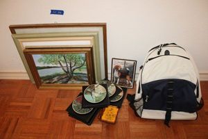lot 110 image: Wall art canvas paintings, bird plates, and backpack