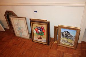lot 117 image: Wall art canvas paintings  and prints plus wall mirror