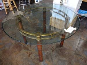 lot 190 image: Heavy glass top round table with brass frame and bamboo style legs
