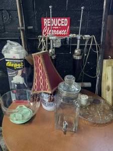 lot 201 image: Home items Pair of table lamps, glass drink dispenser, glasscrystal platter, wire rack, plastic salad bowl