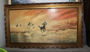 lot 210 image: Framed wall art with horses - 56x32