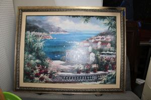 lot 211 image: Framed wall art with seaside town - 57x45