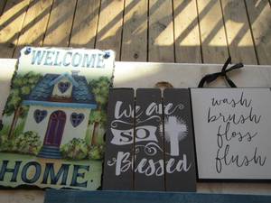 lot 8 image: wash, brush, floss, flush wall sign 8x7, blessed wall sign 9x6 12, welcome home sign 13x9