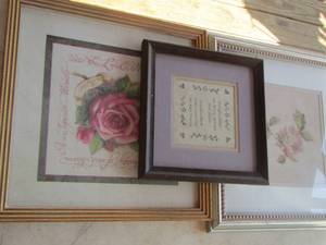 lot 12 image: grandmother framed art 9x9, rose framed art 13x13,blum roses framed art 14x14