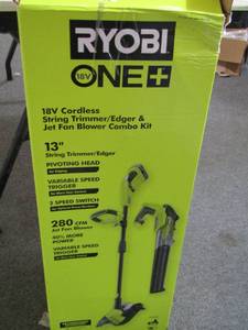 lot 15 image: Ryobi 1 plus 13 8 volt cordless trimmer and edger with jet blower combo NEW$$$$$