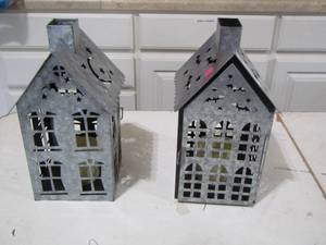 lot 114 image: 2 metal Halloween haunted house candle dcor